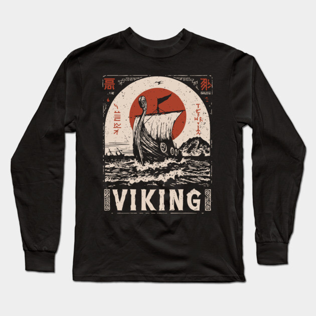 Nordic Viking Ship - Japanese-Style Scandinavian Adventure Art Long Sleeve T-Shirt by TuncGK