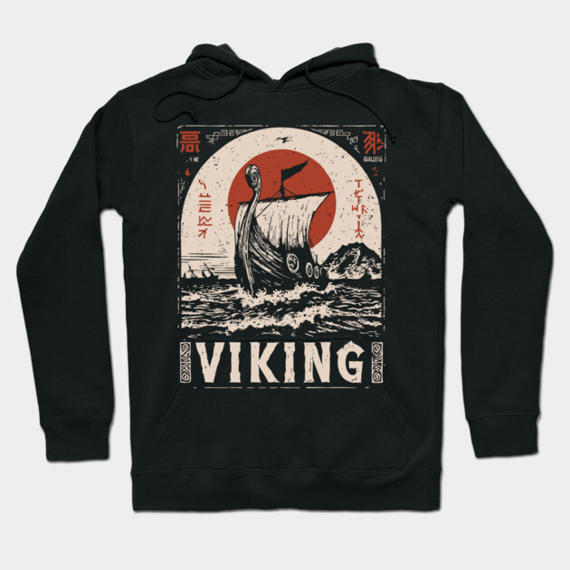 Nordic Viking Ship - Japanese-Style Scandinavian Adventure Art Hoodie by TuncGK