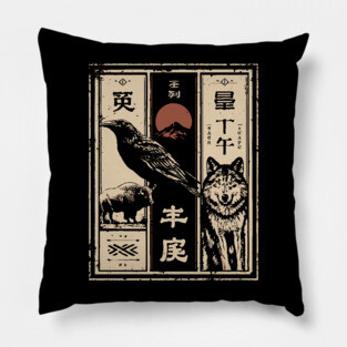 North American Wildlife Triptych - Japanese-Style Nature Art Pillow