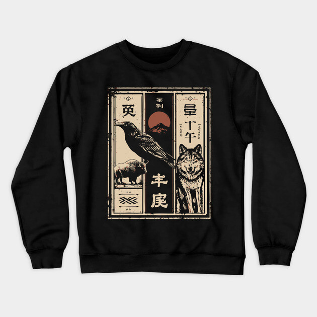 North American Wildlife Triptych - Japanese-Style Nature Art Crewneck Sweatshirt by TuncGK