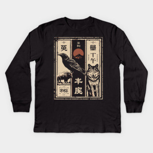 North American Wildlife Triptych - Japanese-Style Nature Art Kids Long Sleeve T-Shirt