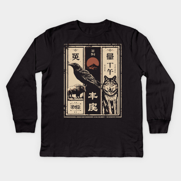 North American Wildlife Triptych - Japanese-Style Nature Art Kids Long Sleeve T-Shirt by TuncGK