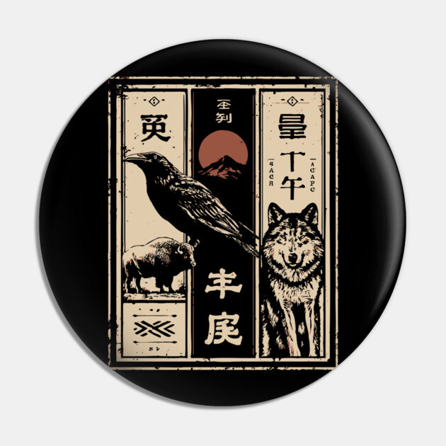 North American Wildlife Triptych - Japanese-Style Nature Art Pin by TuncGK