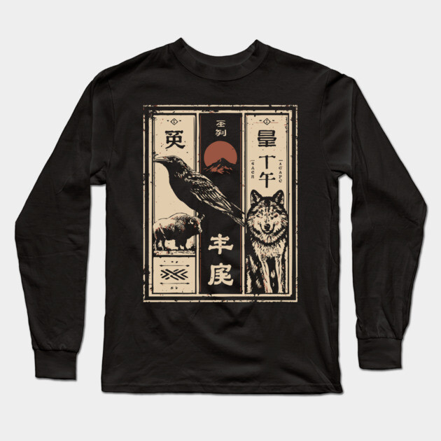 North American Wildlife Triptych - Japanese-Style Nature Art Long Sleeve T-Shirt by TuncGK