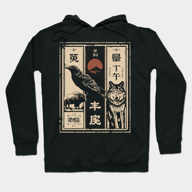 North American Wildlife Triptych - Japanese-Style Nature Art Hoodie by TuncGK