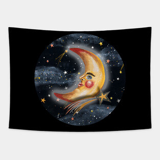 Crescent Moon Man with Shooting Stars Tapestry