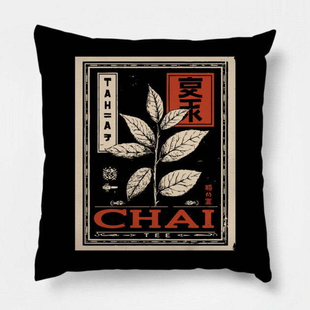 Chai Tea Plant Illustration in Vintage Poster Style Pillow by TuncGK