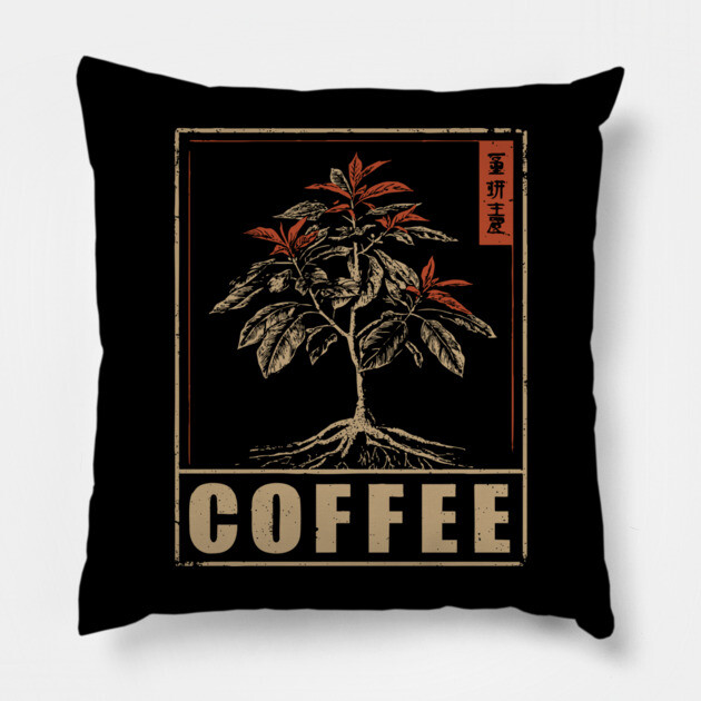 Coffee Plant Botanical Poster with Vintage Style Pillow by TuncGK