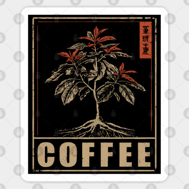 Coffee Plant Botanical Poster with Vintage Style Sticker by TuncGK