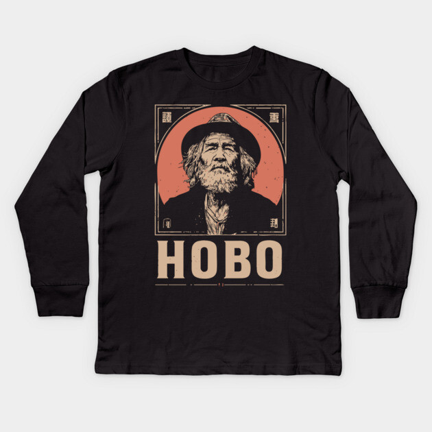 Wandering Hobo Portrait in Gritty Vintage Poster Style Kids Long Sleeve T-Shirt by TuncGK