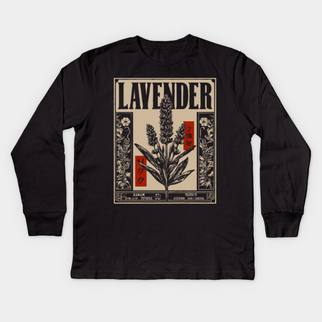 Lavender Plant Botanical Illustration in Vintage Apothecary Style Kids Long Sleeve T-Shirt by TuncGK