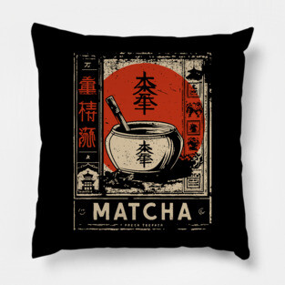 Matcha Tea Bowl Design in Retro Japanese Poster Style Pillow