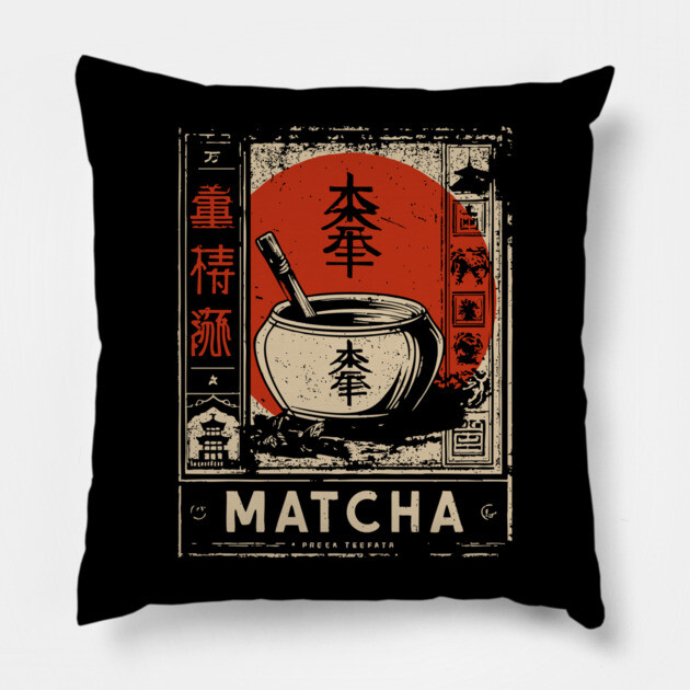Matcha Tea Bowl Design in Retro Japanese Poster Style Pillow by TuncGK
