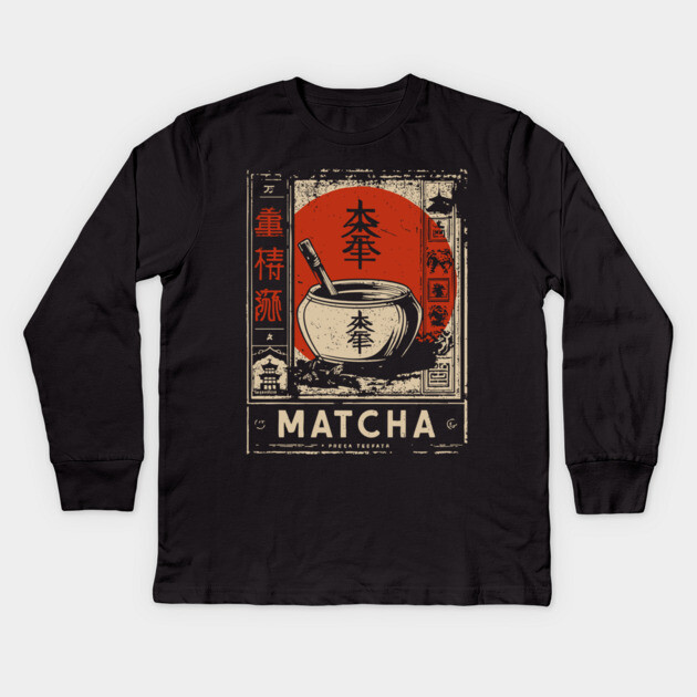 Matcha Tea Bowl Design in Retro Japanese Poster Style Kids Long Sleeve T-Shirt by TuncGK