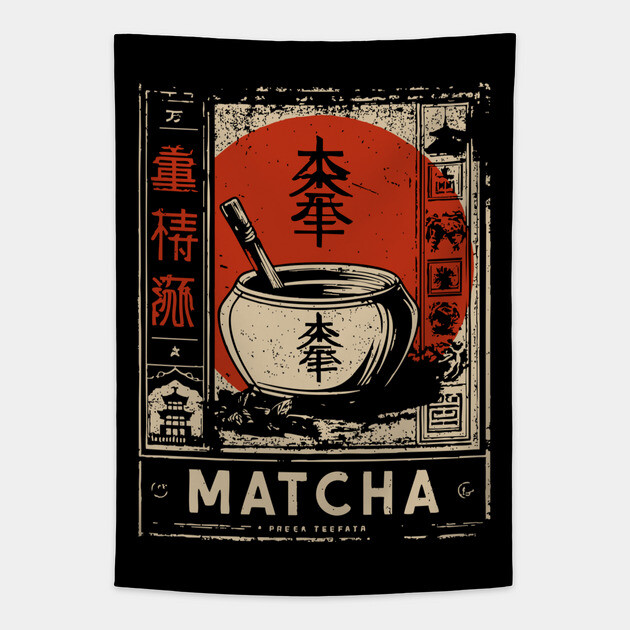 Matcha Tea Bowl Design in Retro Japanese Poster Style Tapestry by TuncGK