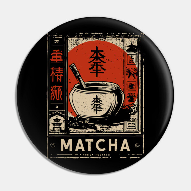 Matcha Tea Bowl Design in Retro Japanese Poster Style Pin by TuncGK