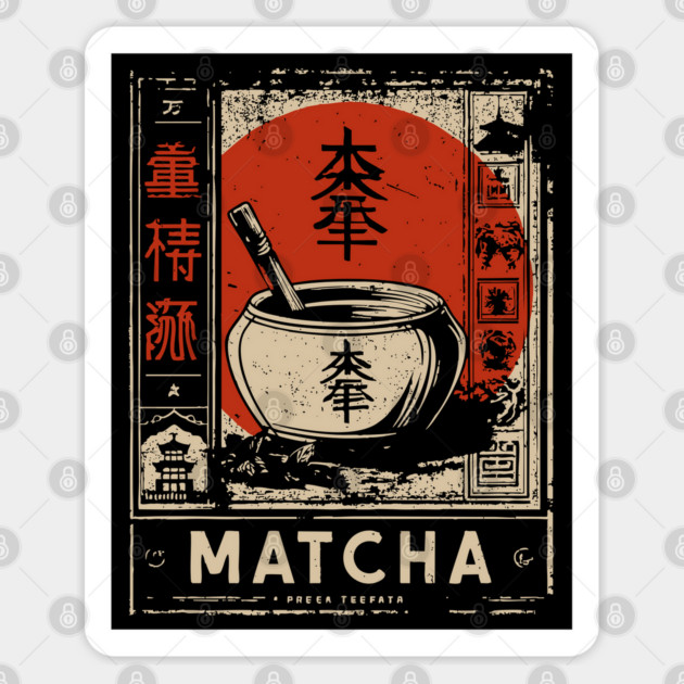 Matcha Tea Bowl Design in Retro Japanese Poster Style Sticker by TuncGK