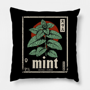 Mint Plant Vintage Botanical Illustration in Herbal Poster Style Pillow