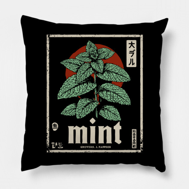 Mint Plant Vintage Botanical Illustration in Herbal Poster Style Pillow by TuncGK