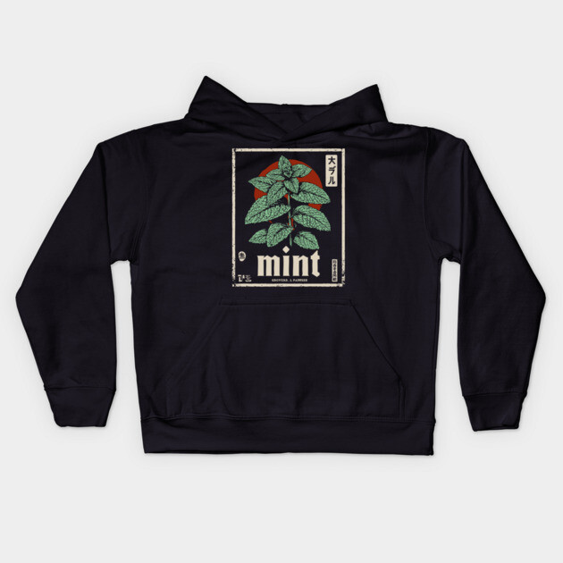 Mint Plant Vintage Botanical Illustration in Herbal Poster Style Kids Hoodie by TuncGK
