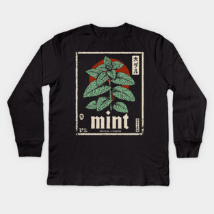 Mint Plant Vintage Botanical Illustration in Herbal Poster Style Kids Long Sleeve T-Shirt