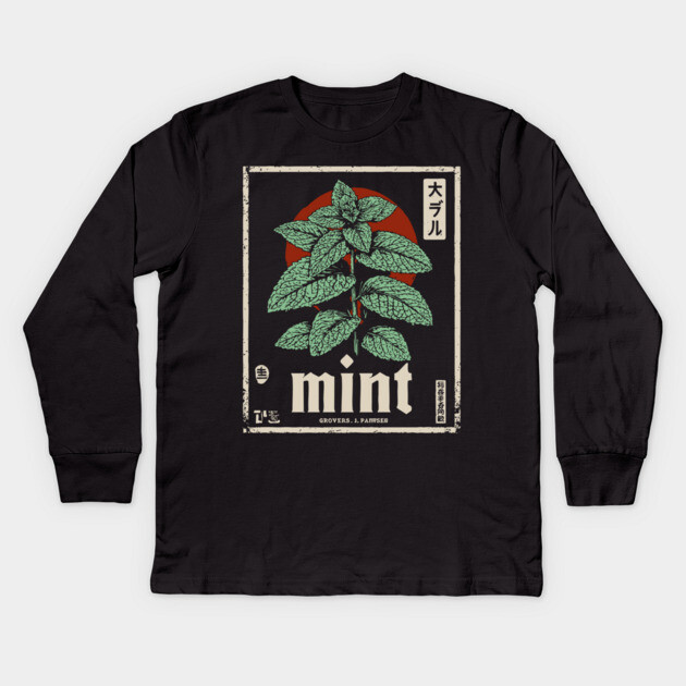 Mint Plant Vintage Botanical Illustration in Herbal Poster Style Kids Long Sleeve T-Shirt by TuncGK