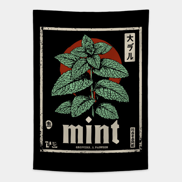 Mint Plant Vintage Botanical Illustration in Herbal Poster Style Tapestry by TuncGK