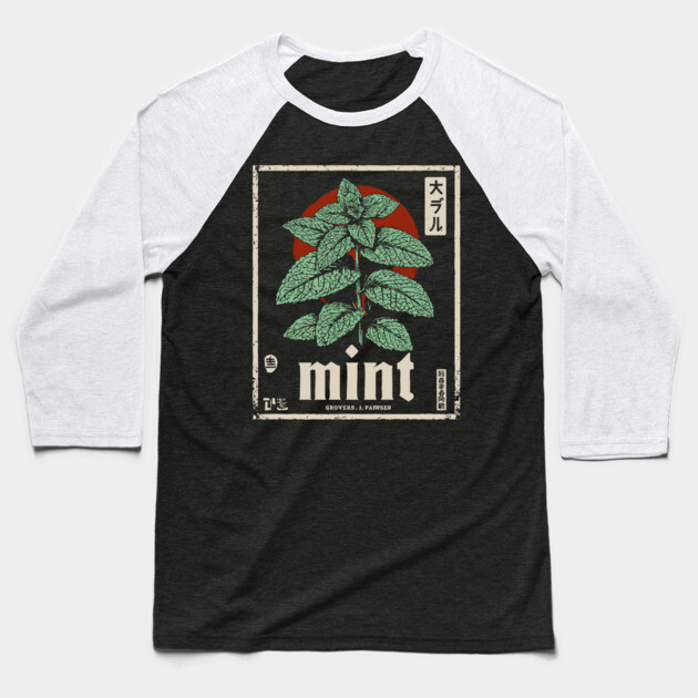 Mint Plant Vintage Botanical Illustration in Herbal Poster Style Baseball T-Shirt by TuncGK