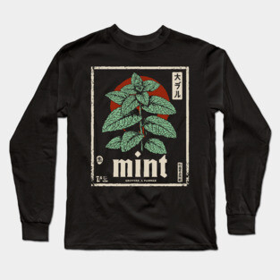Mint Plant Vintage Botanical Illustration in Herbal Poster Style Long Sleeve T-Shirt