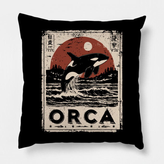 Orca Whale Vintage Ocean Poster with Japanese-Inspired Style Pillow by TuncGK