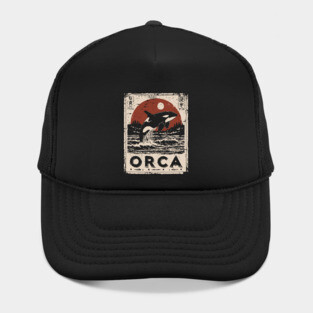 Orca Whale Vintage Ocean Poster with Japanese-Inspired Style Hat