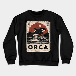 Orca Whale Vintage Ocean Poster with Japanese-Inspired Style Crewneck Sweatshirt