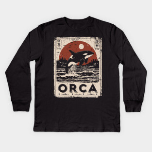 Orca Whale Vintage Ocean Poster with Japanese-Inspired Style Kids Long Sleeve T-Shirt
