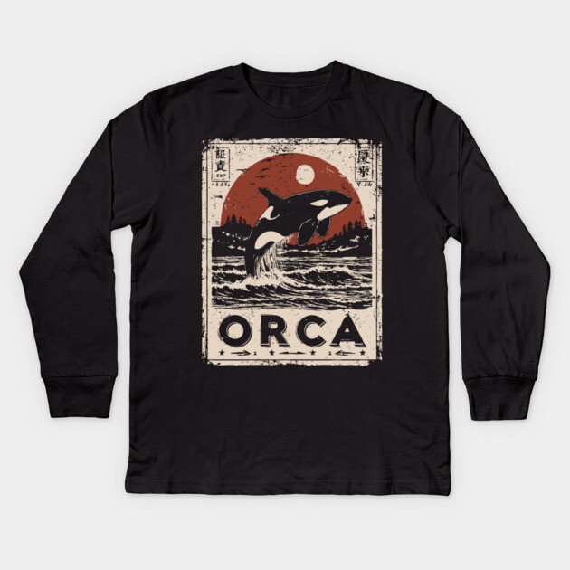 Orca Whale Vintage Ocean Poster with Japanese-Inspired Style Kids Long Sleeve T-Shirt by TuncGK