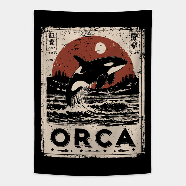 Orca Whale Vintage Ocean Poster with Japanese-Inspired Style Tapestry by TuncGK