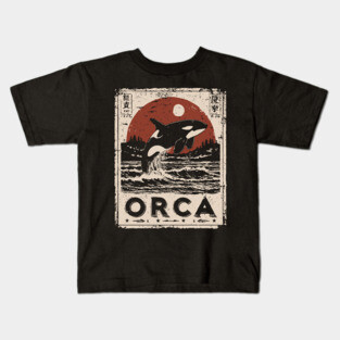 Orca Whale Vintage Ocean Poster with Japanese-Inspired Style Kids T-Shirt