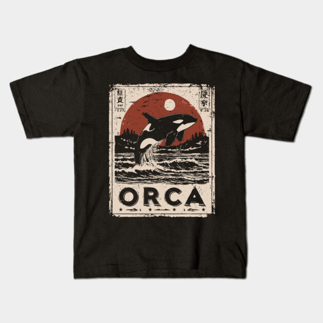 Orca Whale Vintage Ocean Poster with Japanese-Inspired Style Kids T-Shirt by TuncGK