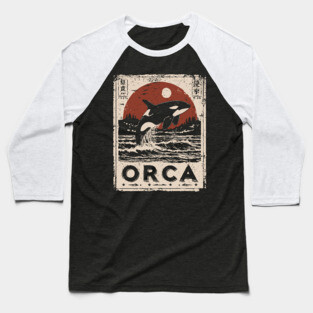 Orca Whale Vintage Ocean Poster with Japanese-Inspired Style Baseball T-Shirt