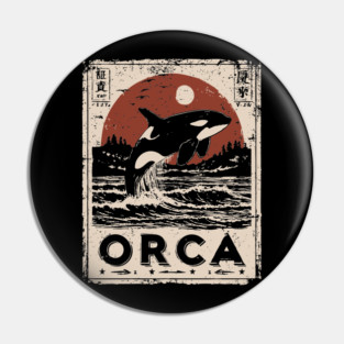 Orca Whale Vintage Ocean Poster with Japanese-Inspired Style Pin