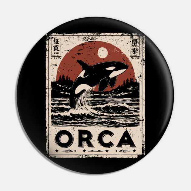 Orca Whale Vintage Ocean Poster with Japanese-Inspired Style Pin by TuncGK
