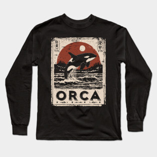 Orca Whale Vintage Ocean Poster with Japanese-Inspired Style Long Sleeve T-Shirt
