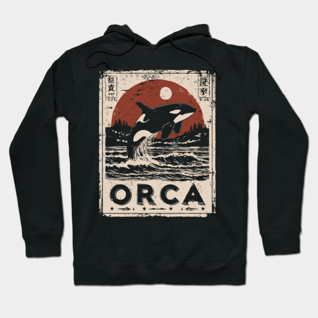 Orca Whale Vintage Ocean Poster with Japanese-Inspired Style Hoodie by TuncGK