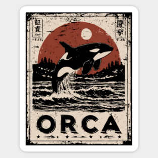Orca Whale Vintage Ocean Poster with Japanese-Inspired Style Sticker