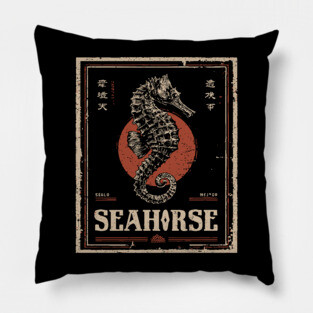 Seahorse Vintage Ocean Poster with Distressed Marine Style Pillow