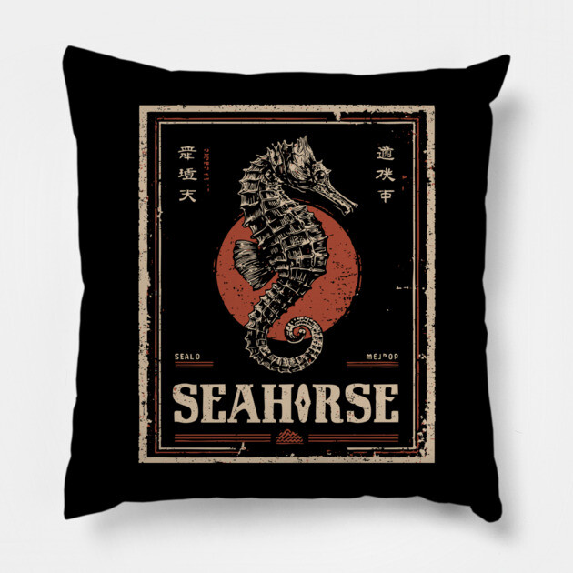 Seahorse Vintage Ocean Poster with Distressed Marine Style Pillow by TuncGK