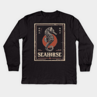 Seahorse Vintage Ocean Poster with Distressed Marine Style Kids Long Sleeve T-Shirt