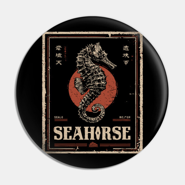 Seahorse Vintage Ocean Poster with Distressed Marine Style Pin by TuncGK