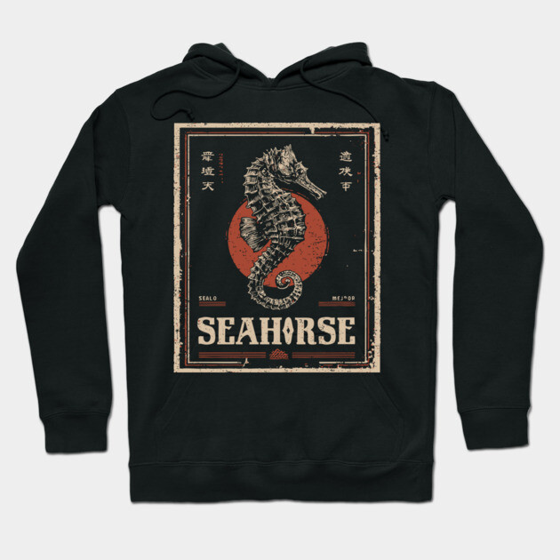 Seahorse Vintage Ocean Poster with Distressed Marine Style Hoodie by TuncGK