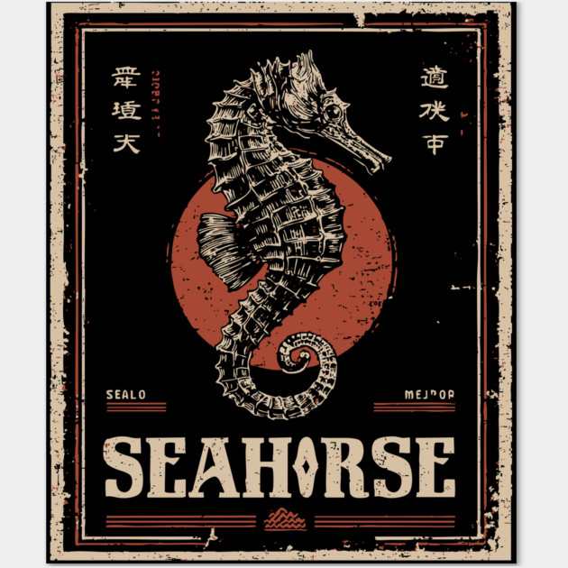 Seahorse Vintage Ocean Poster with Distressed Marine Style Wall Art by TuncGK