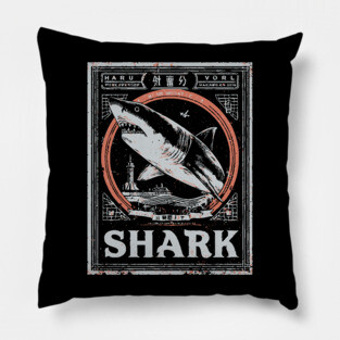 Shark Poster Art in Vintage Ocean Survival Style Pillow